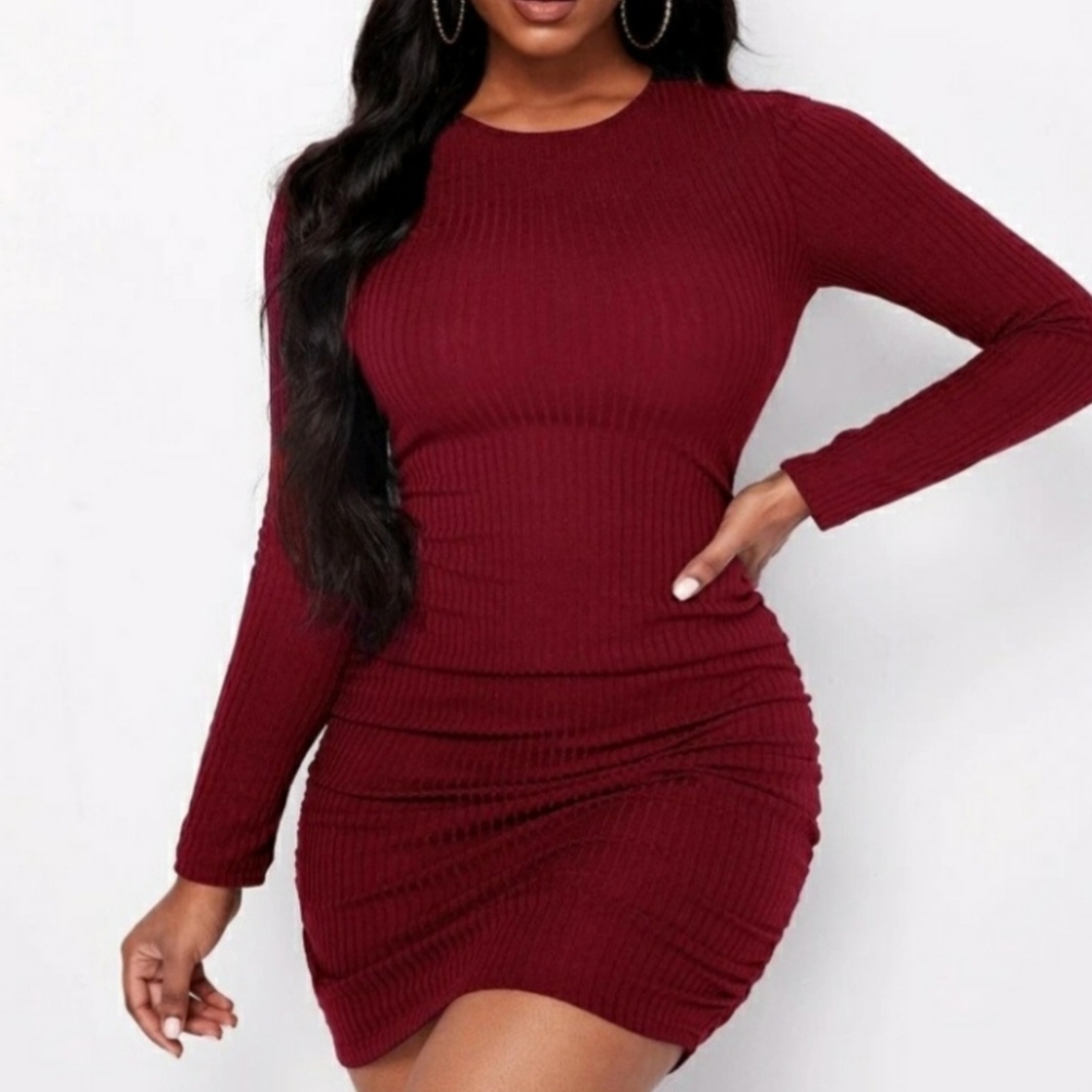 Wine Red Long Sleeve Ribbed Dress